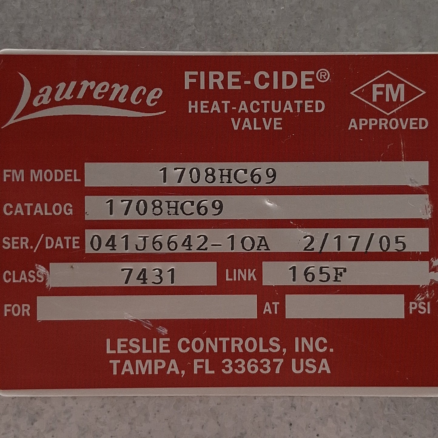 Used Laurence 1708HC69 Fire-Cide Heat-Actuated Valve, 2in, ø6in Flange, 165°F Link