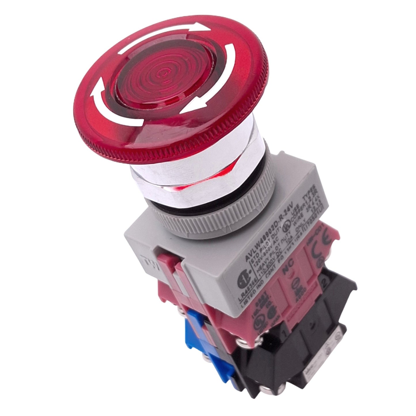 Used IDEC AVLW49902D-R-24V Red Illuminated Push/Twist E-Stop Switch, ø22mm, 2NC 1NO