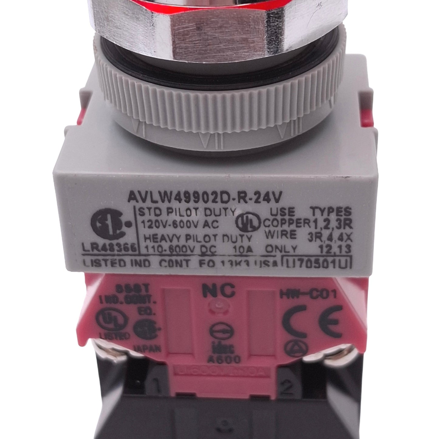 Used IDEC AVLW49902D-R-24V Red Illuminated Push/Twist E-Stop Switch, ø22mm, 2NC 1NO