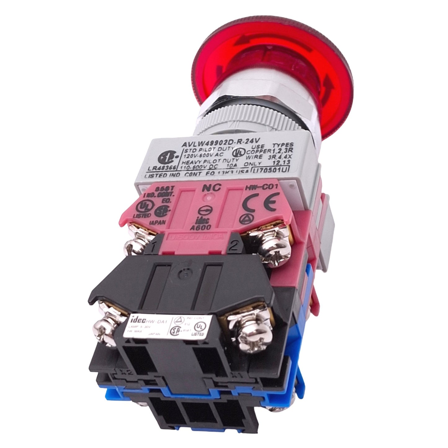 Used IDEC AVLW49902D-R-24V Red Illuminated Push/Twist E-Stop Switch, ø22mm, 2NC 1NO