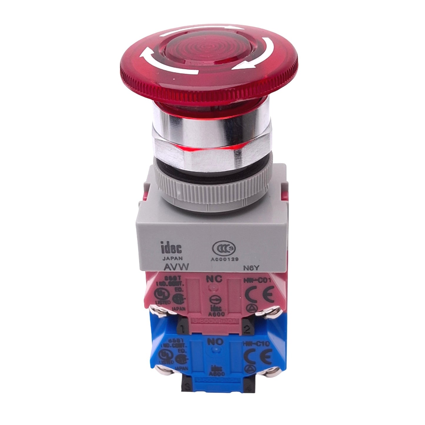 Used IDEC AVLW49902D-R-24V Red Illuminated Push/Twist E-Stop Switch, ø22mm, 2NC 1NO