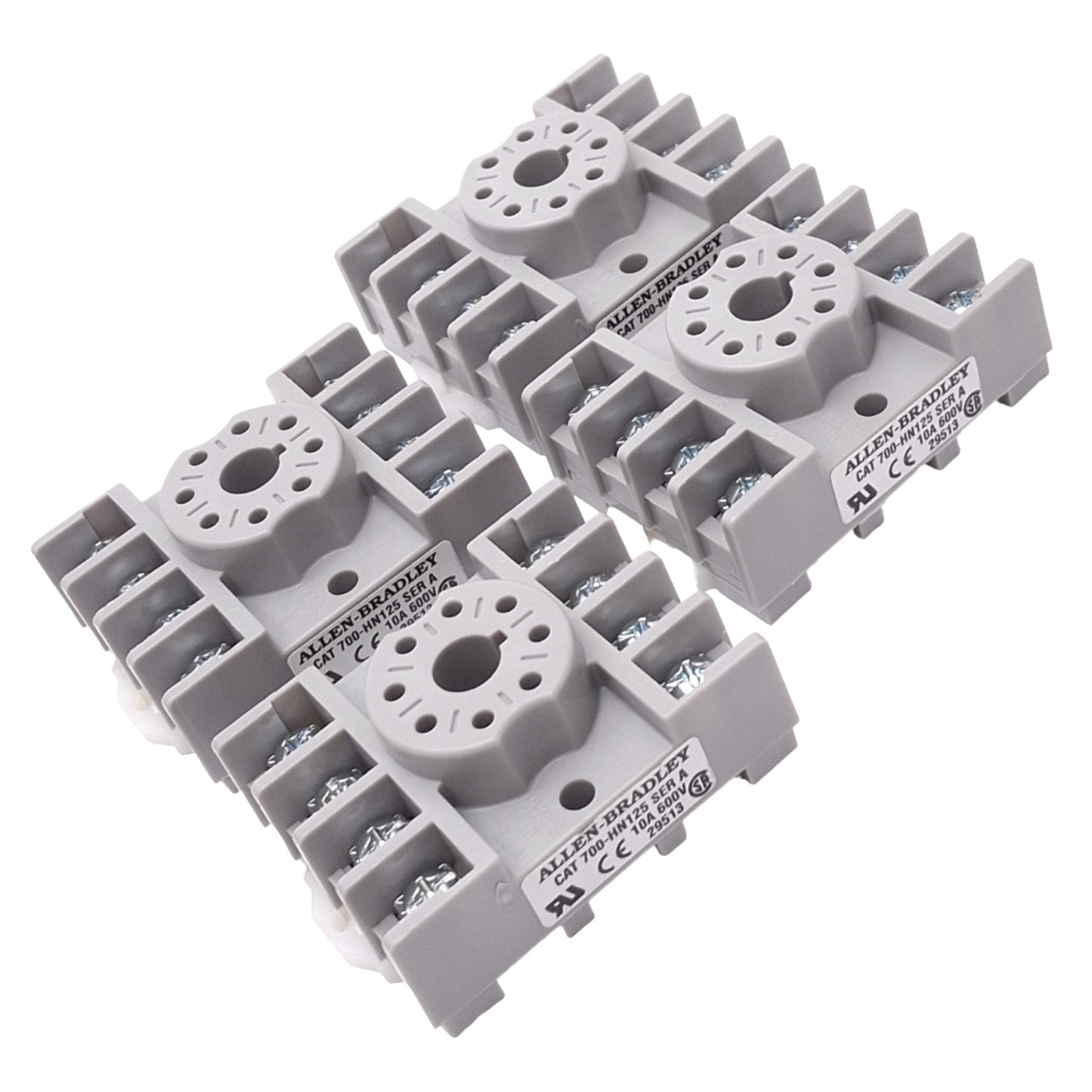 Used Lot of 4 Allen Bradley 700-HN125 Relay Sockets, 8-Pin Octal, 600V 10A, DIN Rail