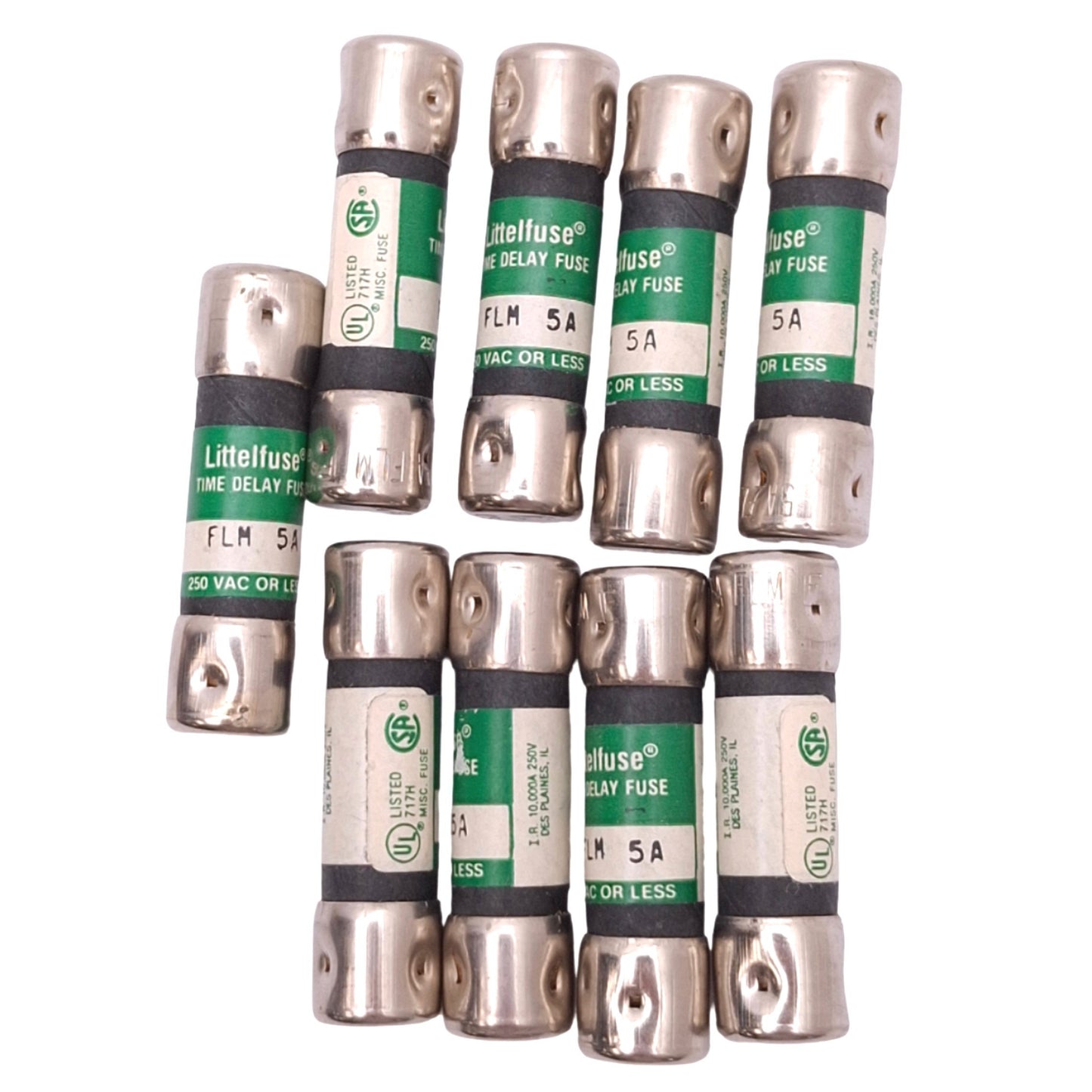 Used Lot of 9 Littelfuse FLM005 Midget Time-Delay Fuses, 5A, 250VAC Max, Class CC