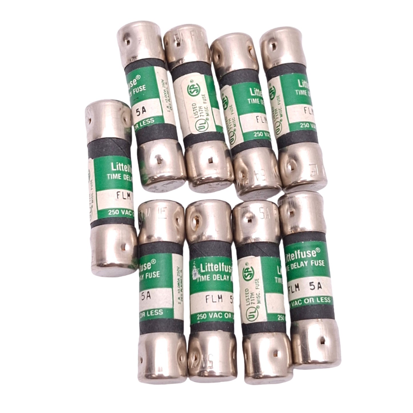 Used Lot of 9 Littelfuse FLM005 Midget Time-Delay Fuses, 5A, 250VAC Max, Class CC