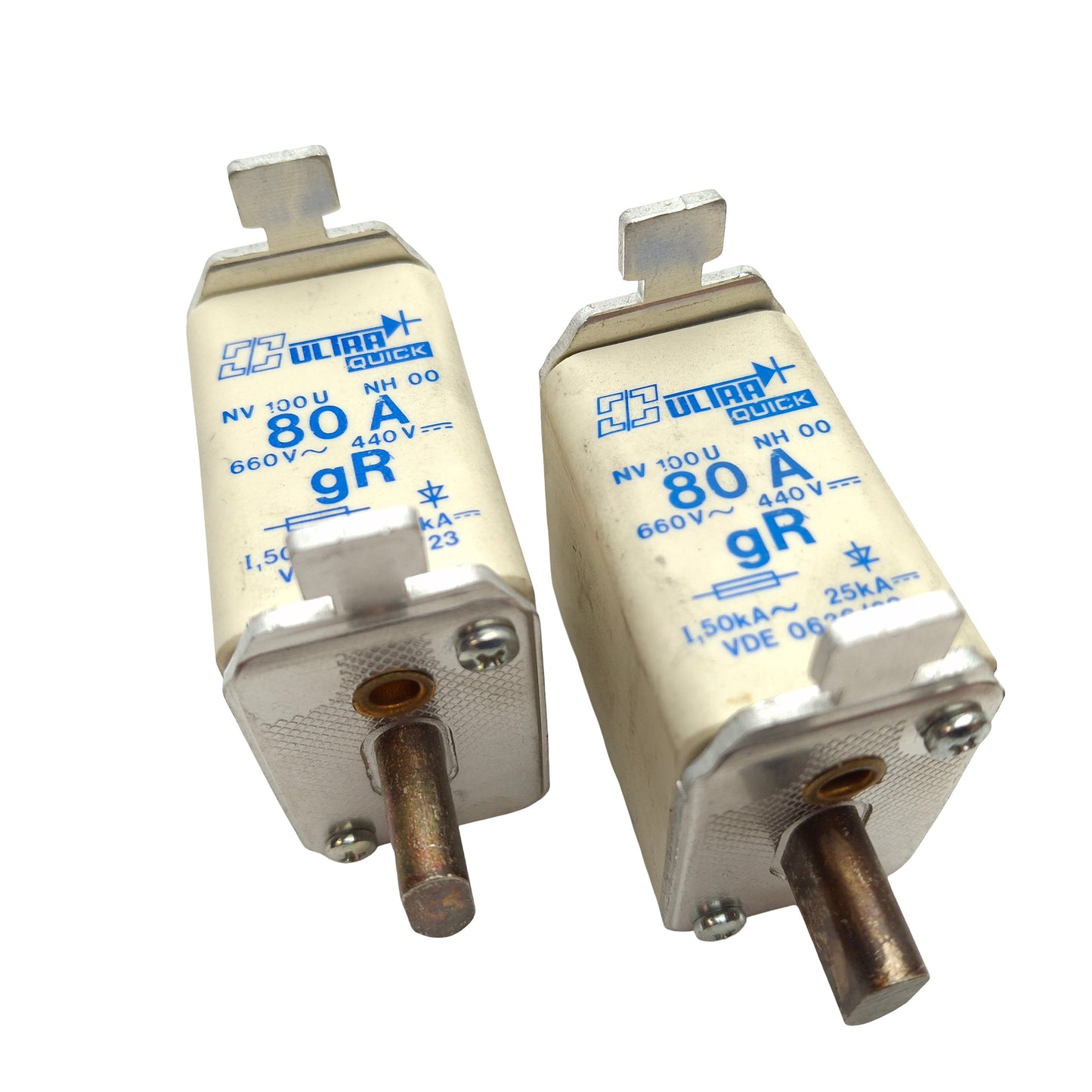 Used Lot of 2 Ultra Quick NV100UNH00 Box Style Fuse, 80AMP, 660VAC, 440VDC