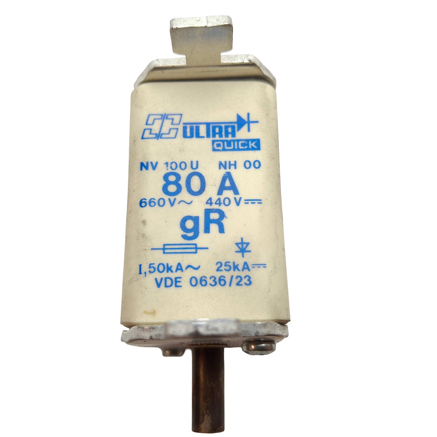 Used Lot of 2 Ultra Quick NV100UNH00 Box Style Fuse, 80AMP, 660VAC, 440VDC