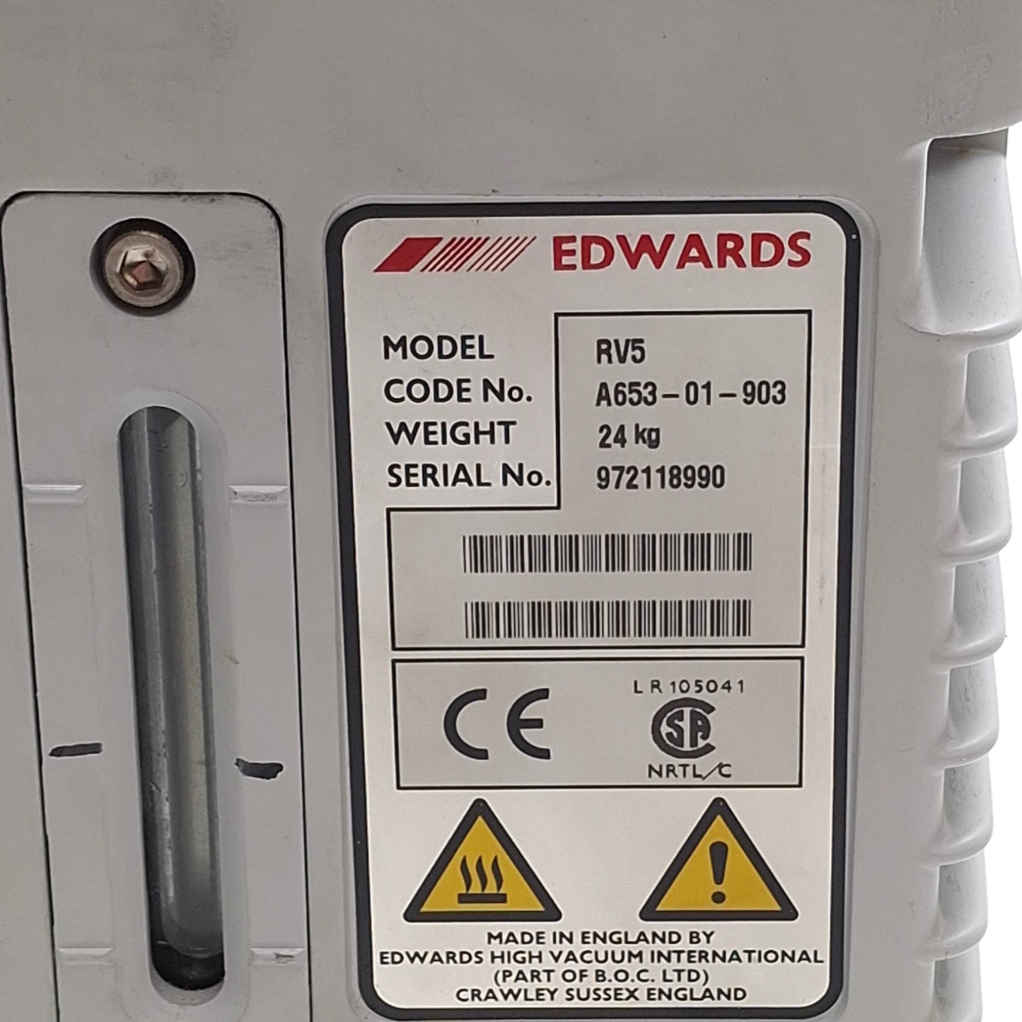 Used Edwards RV5 A653-01-903 Rotary Vane Pump, 120/240VAC, NW25, 1bar Outlet, 4.1CFM
