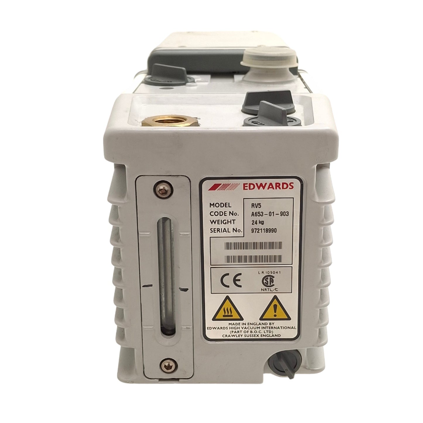 Used Edwards RV5 A653-01-903 Rotary Vane Pump, 120/240VAC, NW25, 1bar Outlet, 4.1CFM