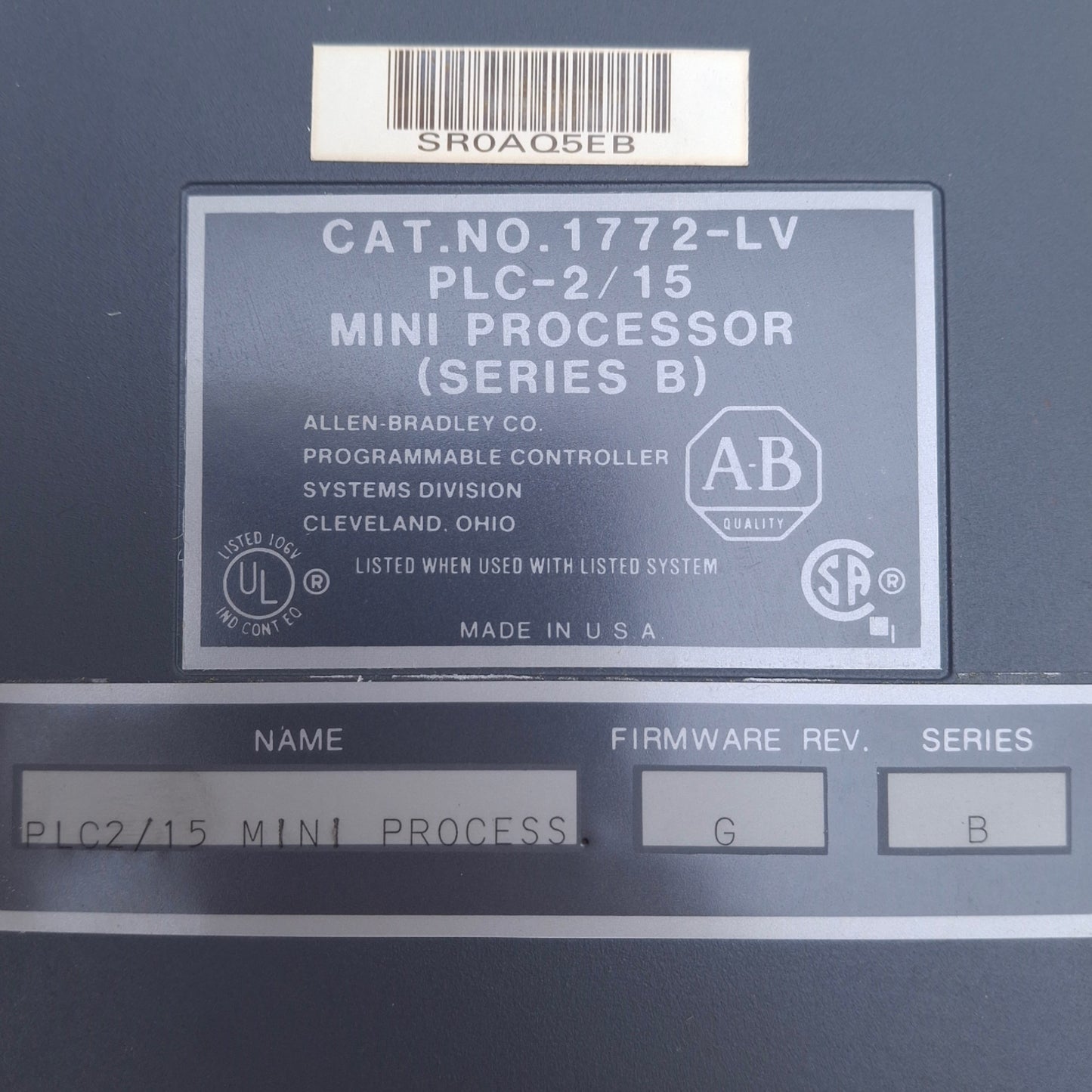 Used Allen Bradley 1771-LV Mini-PLC-2/15 Processor 2A, 2048 words, CMOS RAM
