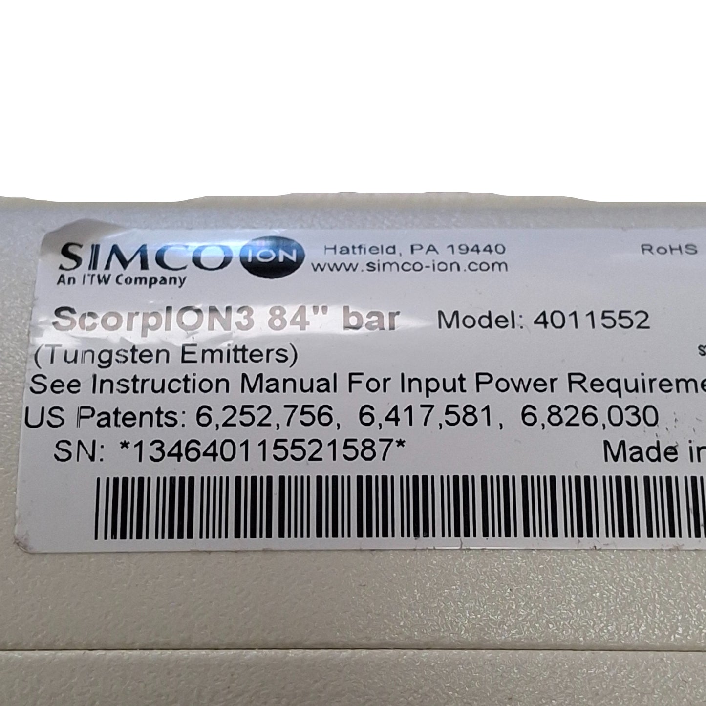 Used Simco 4011552 ScorpION3 Clean Ionizing Bar, 24VDC, 6-Pin RJ-11, RS-485, 84in