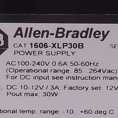 Used Allen Bradley 1606-XLP30B Power Supply, 100-240VAC In, 3A 10-12VDC 30W Out