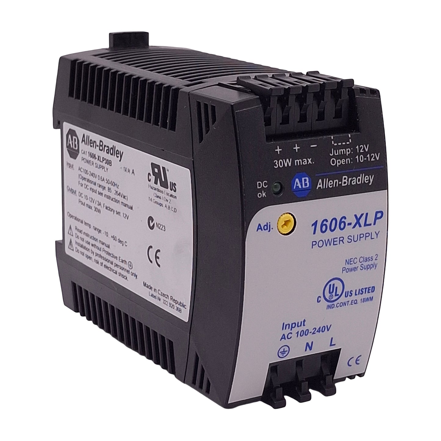 Used Allen Bradley 1606-XLP30B Power Supply, 100-240VAC In, 3A 10-12VDC 30W Out