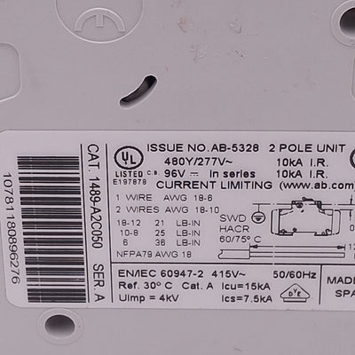 Used Allen Bradley 1489-A2C050 Circuit Breaker, 2-Pole, 5A 480Y/277VAC, DIN Rail
