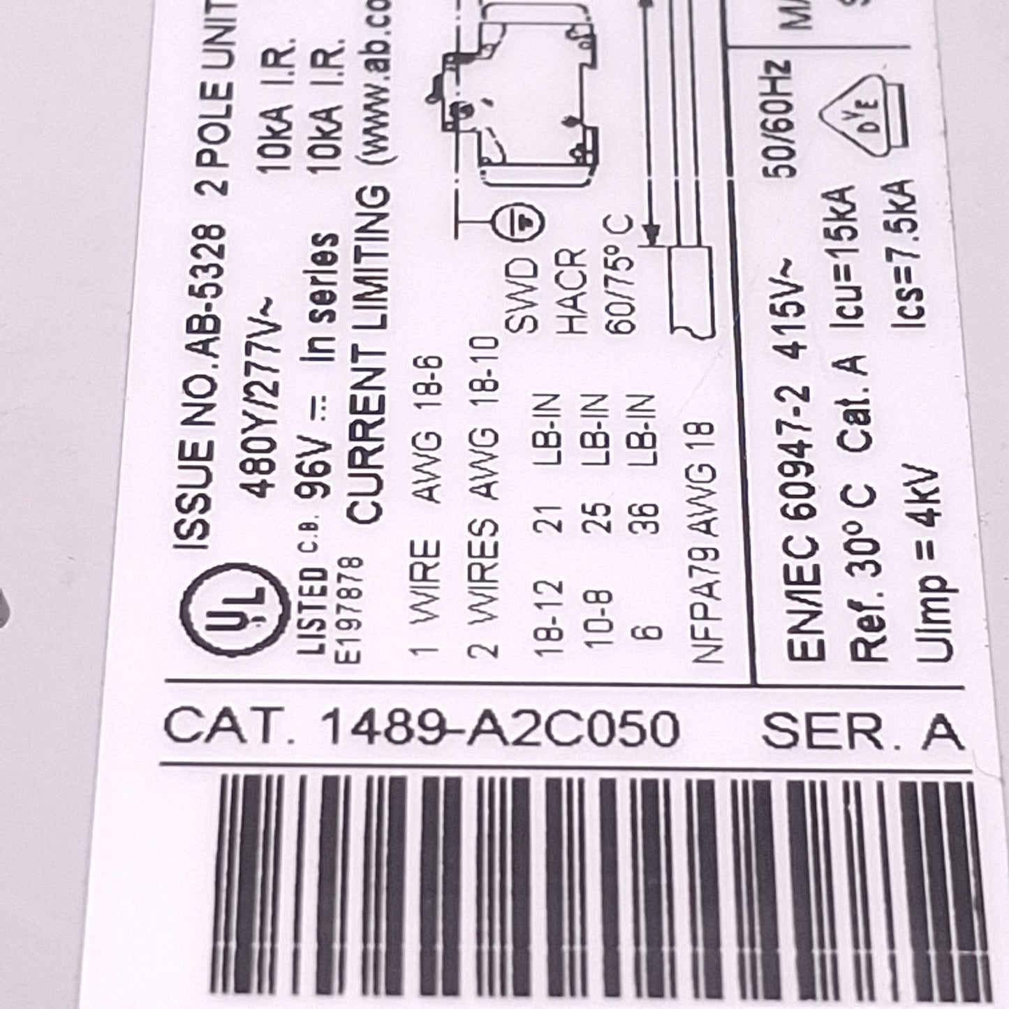 Used Allen Bradley 1489-A2C050 Circuit Breaker, 2-Pole, 5A 480Y/277VAC, DIN Rail