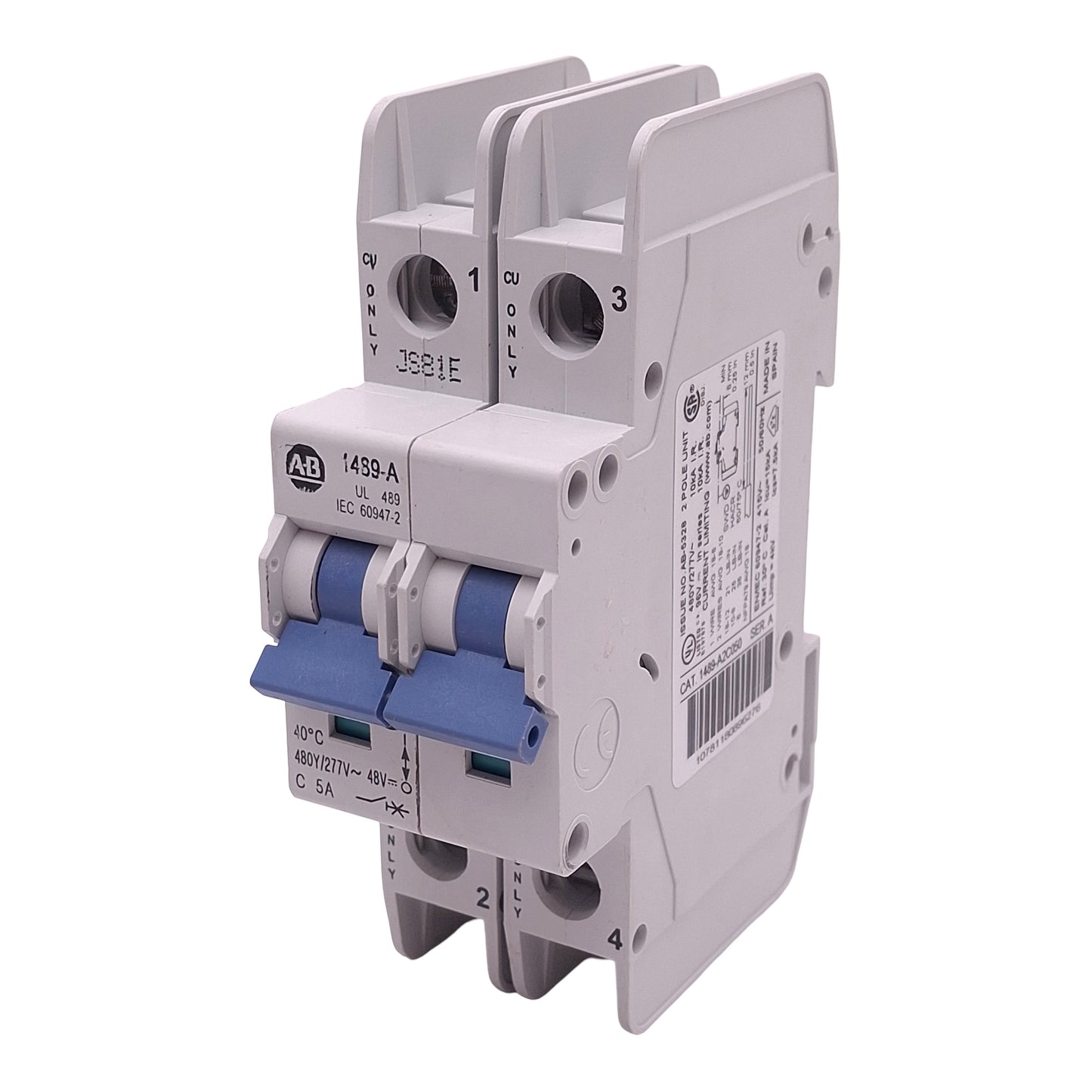 Used Allen Bradley 1489-A2C050 Circuit Breaker, 2-Pole, 5A 480Y/277VAC, DIN Rail