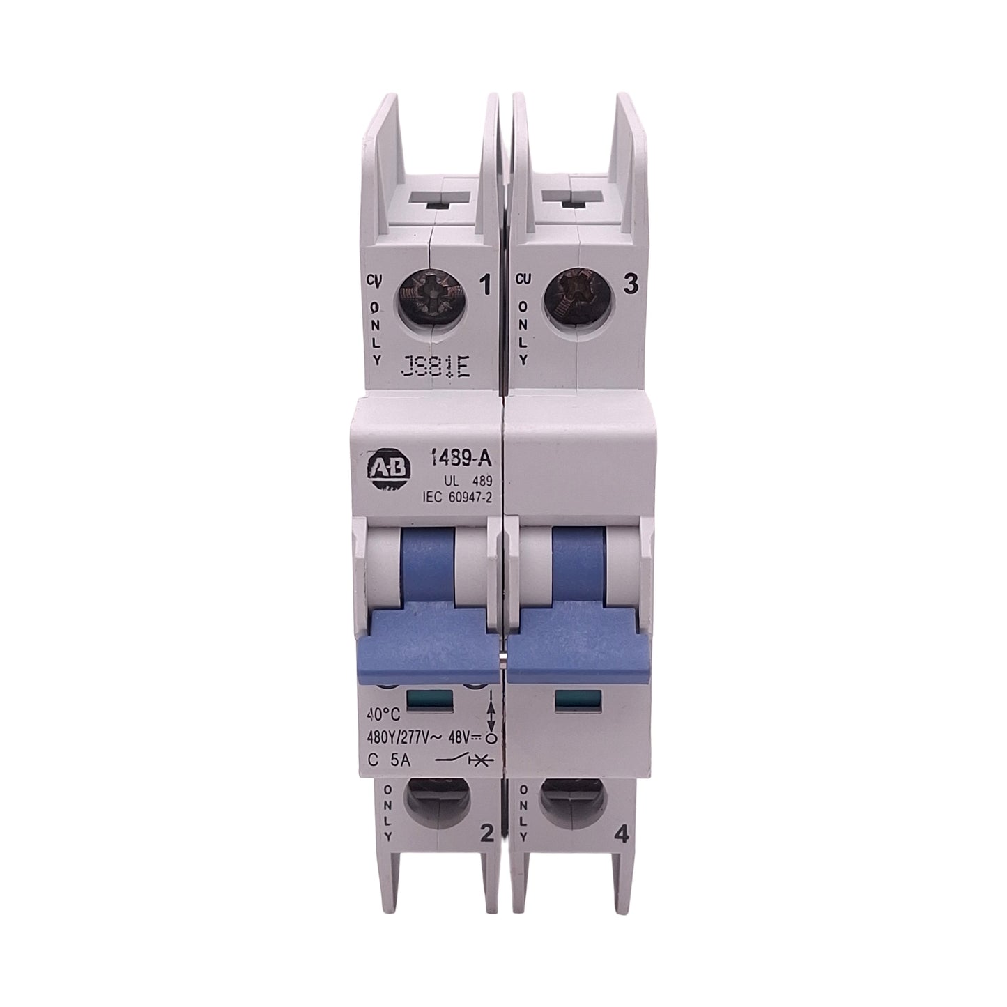 Used Allen Bradley 1489-A2C050 Circuit Breaker, 2-Pole, 5A 480Y/277VAC, DIN Rail