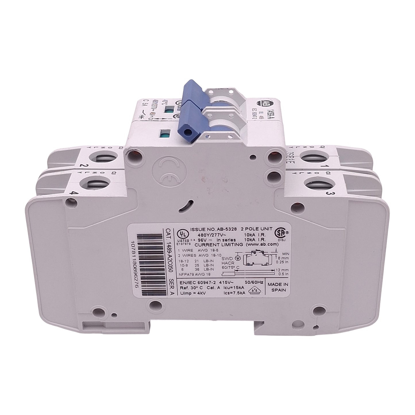 Used Allen Bradley 1489-A2C050 Circuit Breaker, 2-Pole, 5A 480Y/277VAC, DIN Rail