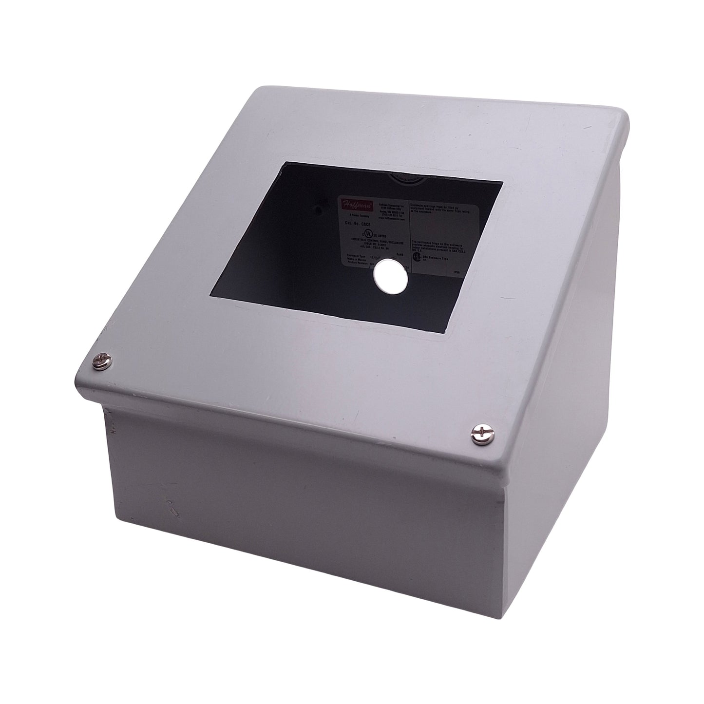 Used Hoffman C8C8 Steel Consolet Enclosure, Sloped Cover, 8" x 8" x 7.09" *w/ Holes*