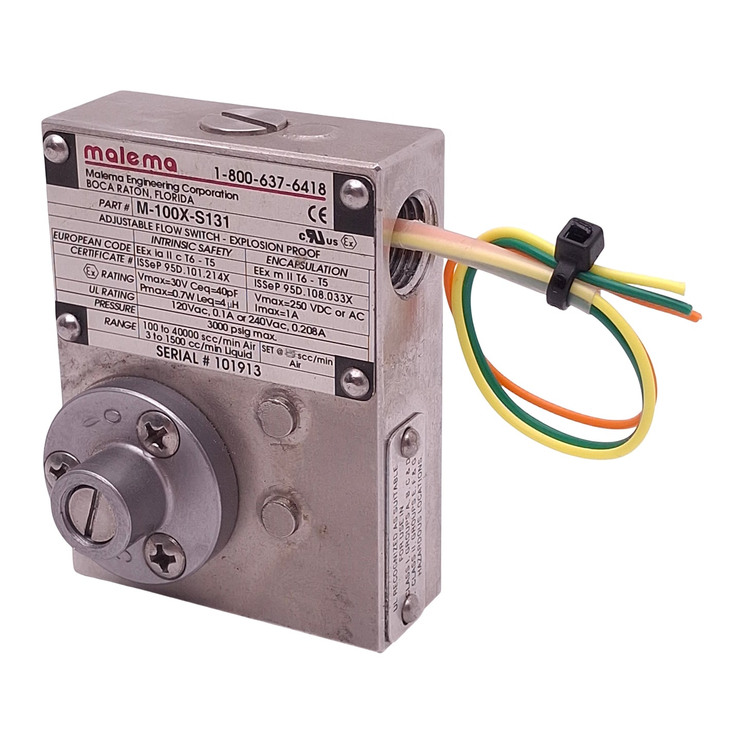 Used Malema M-100X-S131 Explosion Proof Flow Switch, SPDT 1A 250VAC 3000psi 1/8" FNPT