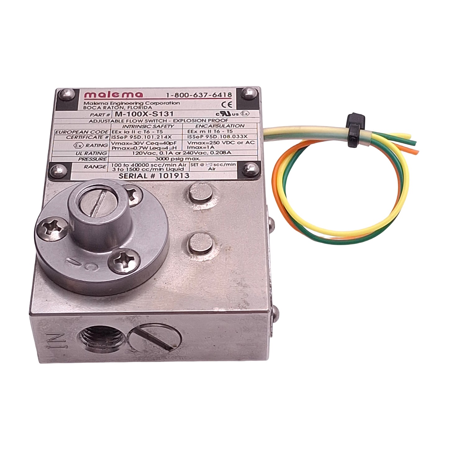 Used Malema M-100X-S131 Explosion Proof Flow Switch, SPDT 1A 250VAC 3000psi 1/8" FNPT