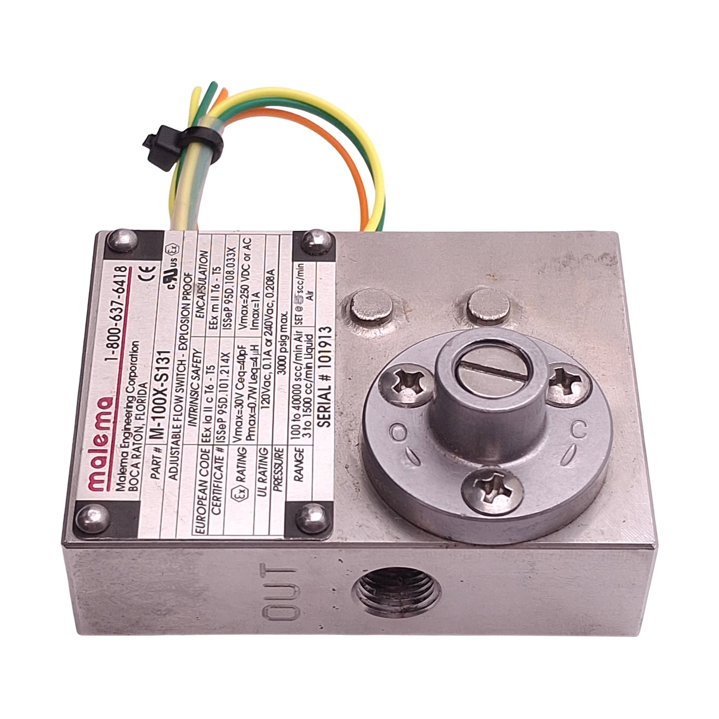Used Malema M-100X-S131 Explosion Proof Flow Switch, SPDT 1A 250VAC 3000psi 1/8" FNPT