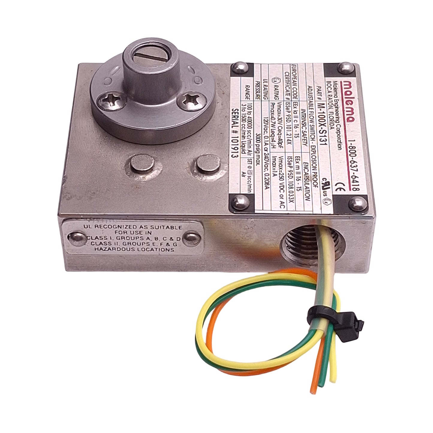 Used Malema M-100X-S131 Explosion Proof Flow Switch, SPDT 1A 250VAC 3000psi 1/8" FNPT