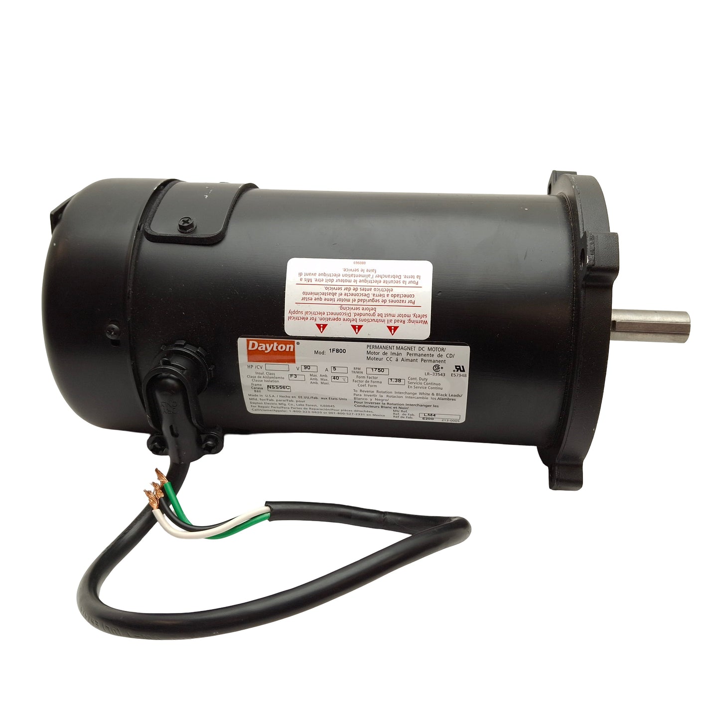 Used Dayton 1F800 DC Motor, 1/2 Horsepower, 90VDC, 1725RPM Base Speed, 56C Frame