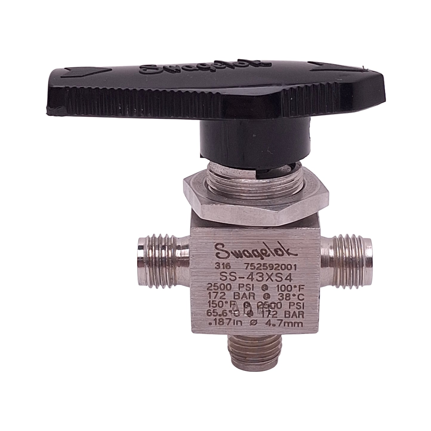 Used Swagelok SS-43XS4 Ball Valve, 1/4in Swagelok, 0.9Cv, 2500psi, *Missing Nuts*
