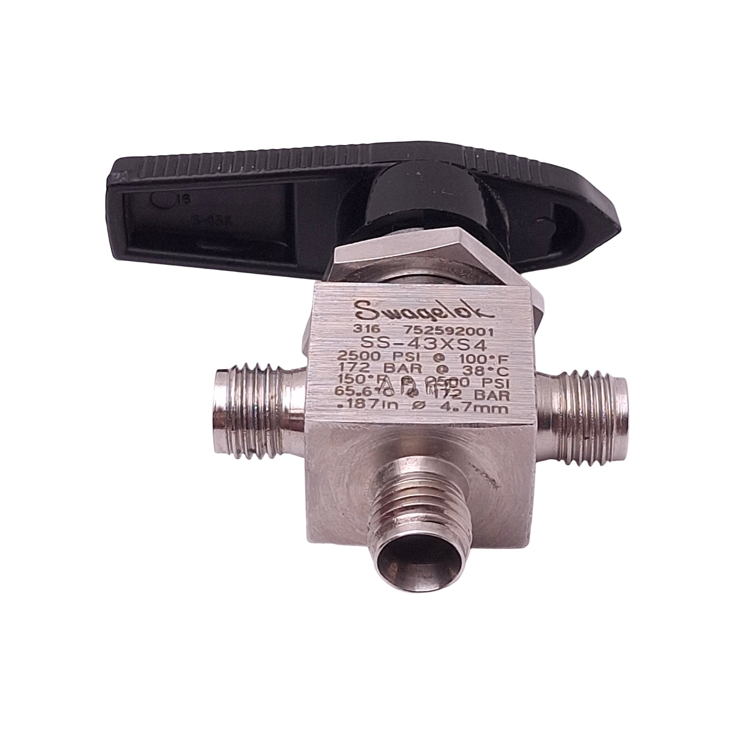 Used Swagelok SS-43XS4 Ball Valve, 1/4in Swagelok, 0.9Cv, 2500psi, *Missing Nuts*