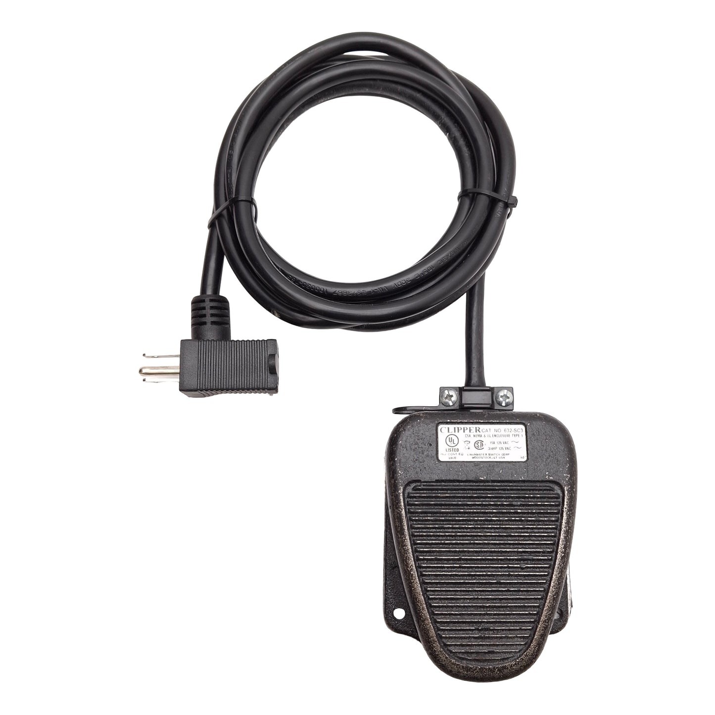 Used Linemaster 632-SC3 Clipper Foot Switch SPST-NO, 3/4HP 15A 125VAC, NEMA 5-15, 8ft