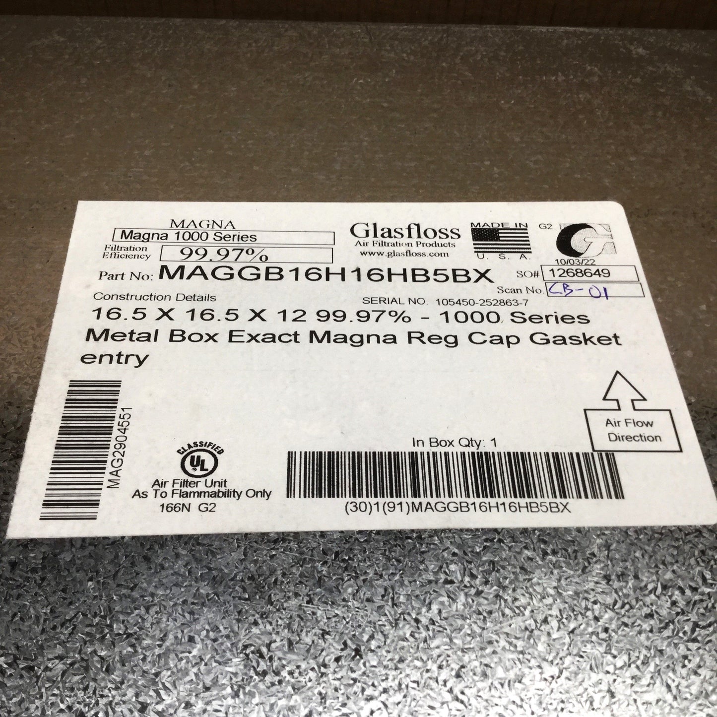 New – Open box Glasfloss MAGGB16H16HB5BX Metal Box HEPA Filter 99.97%, 16.5" x 16.5" x 12"
