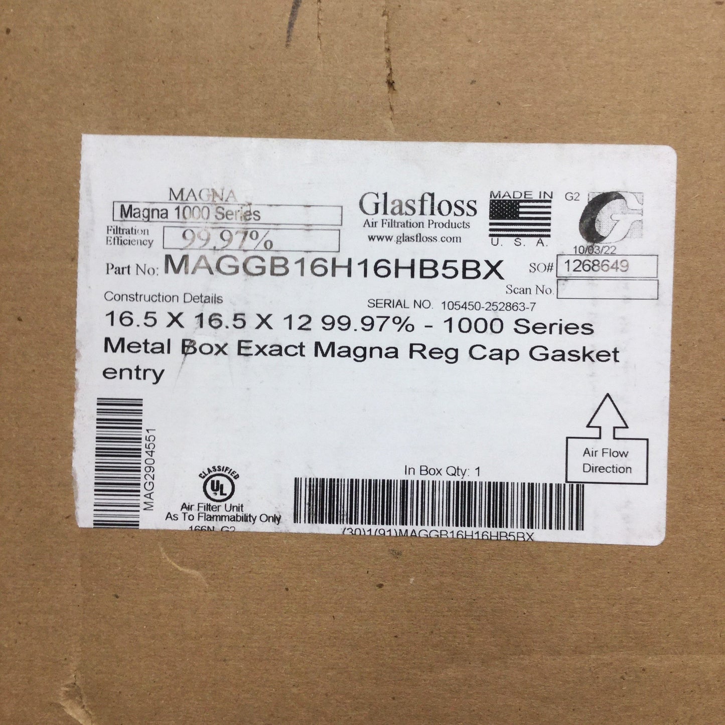New – Open box Glasfloss MAGGB16H16HB5BX Metal Box HEPA Filter 99.97%, 16.5" x 16.5" x 12"