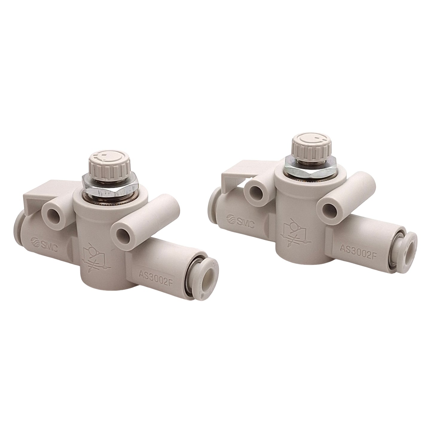New – Open box Lot of 2 SMC AS3002F-06 Speed Control Fitting, 0.1-1.0MPa, ø6mm One-Touch