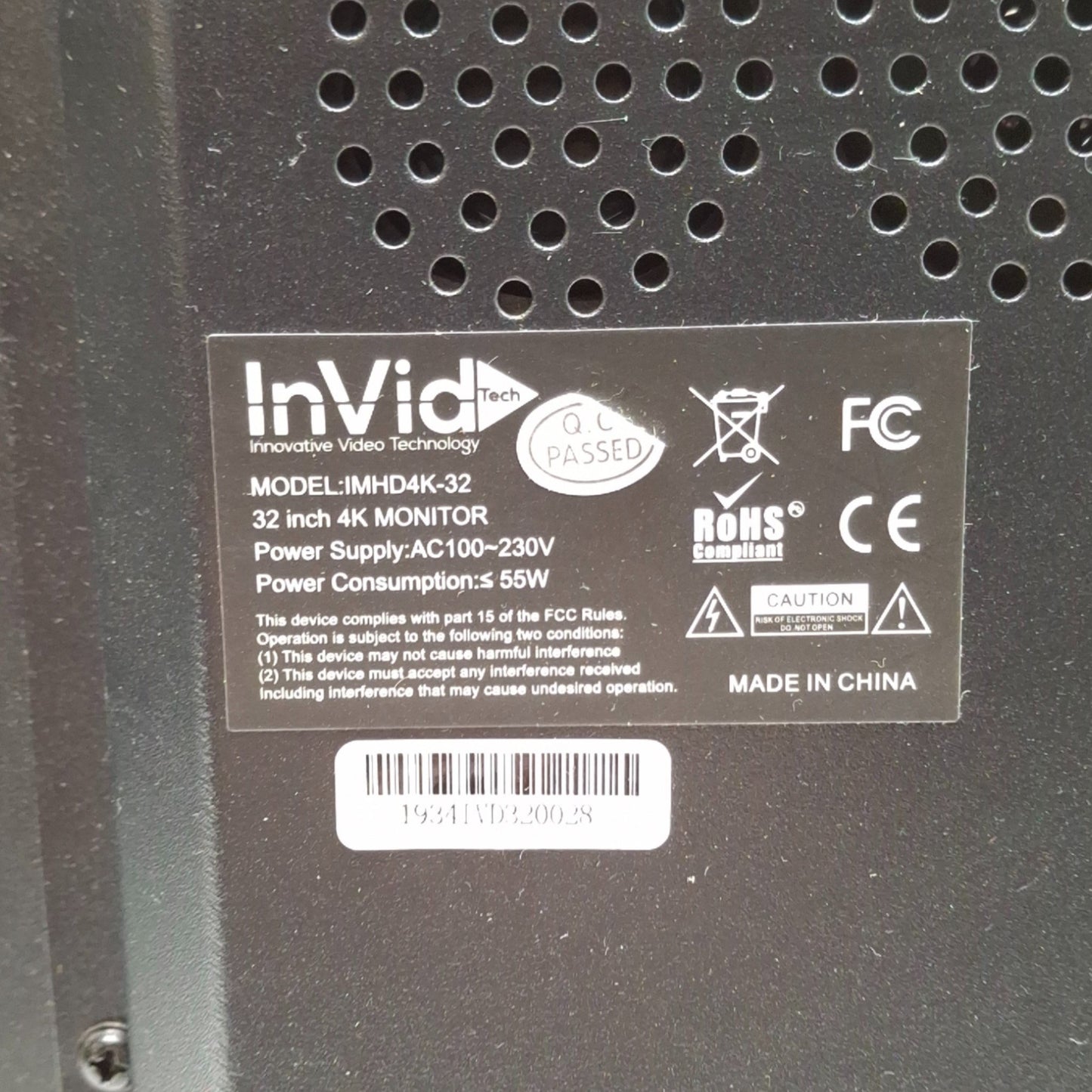 Used InVidTech IMHD4K-32 High Definition 4K Monitor, 3840x2160, 32 inches, HDMI/DP