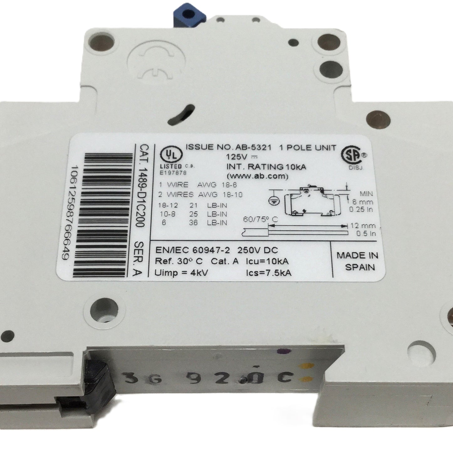New – Open box Allen Bradley 1489-D1C200 Circuit Breaker, 1-Pole, 20A, C-Curve, 125/250VDC