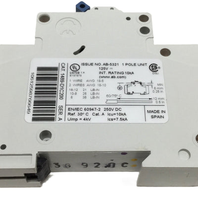 New – Open box Allen Bradley 1489-D1C200 Circuit Breaker, 1-Pole, 20A, C-Curve, 125/250VDC