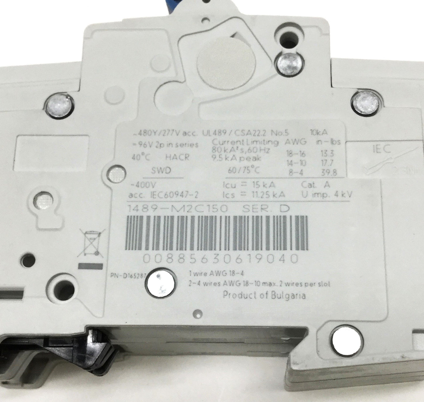 New – Open box Allen Bradley 1489-M2C150 Circuit Breaker, 2-Pole, C-Curve, 480Y/277VAC 15A