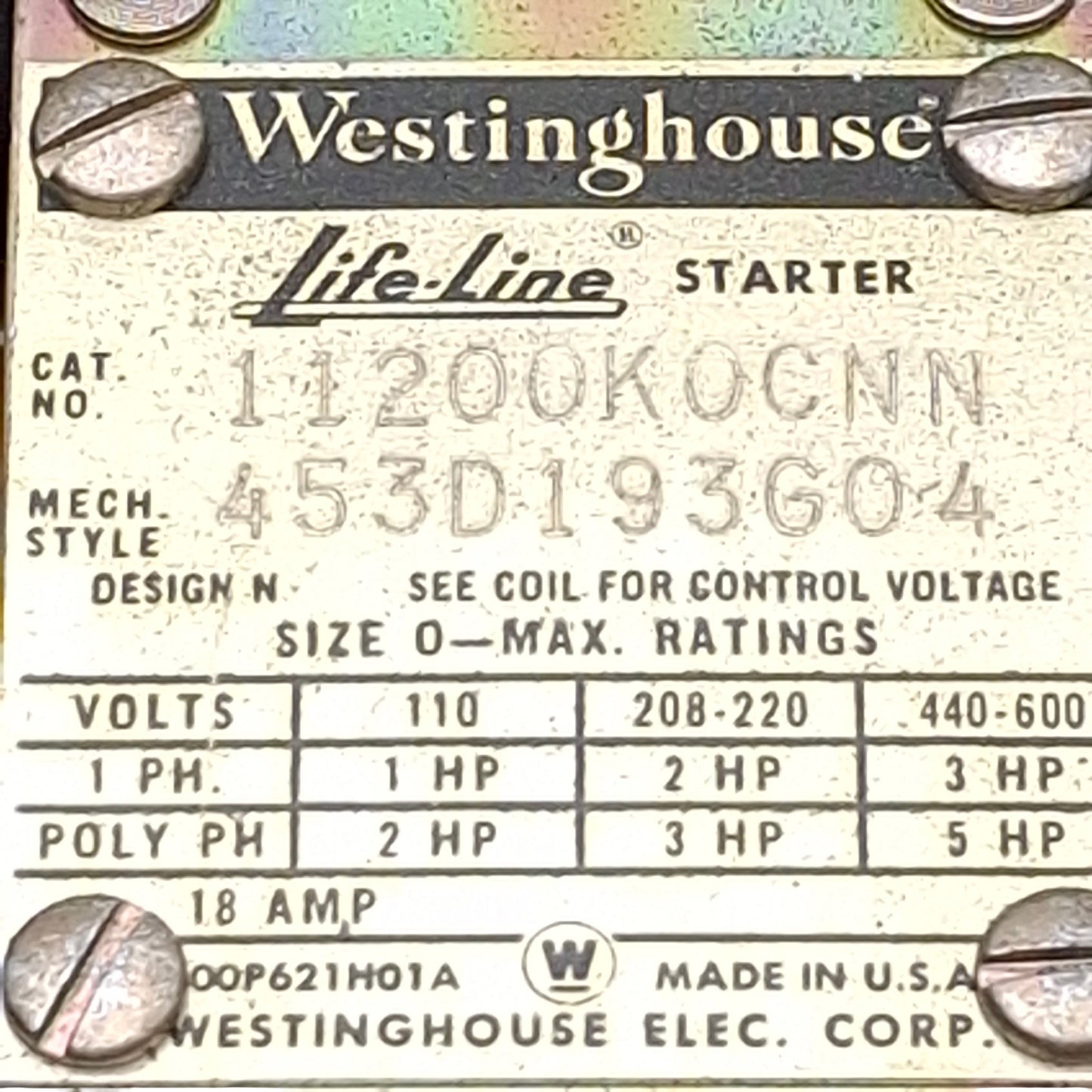Used Westinghouse 11200K0CNN Life-Line Starter Size 0, 5HP, 600VAC, Coil: 320-440VAC