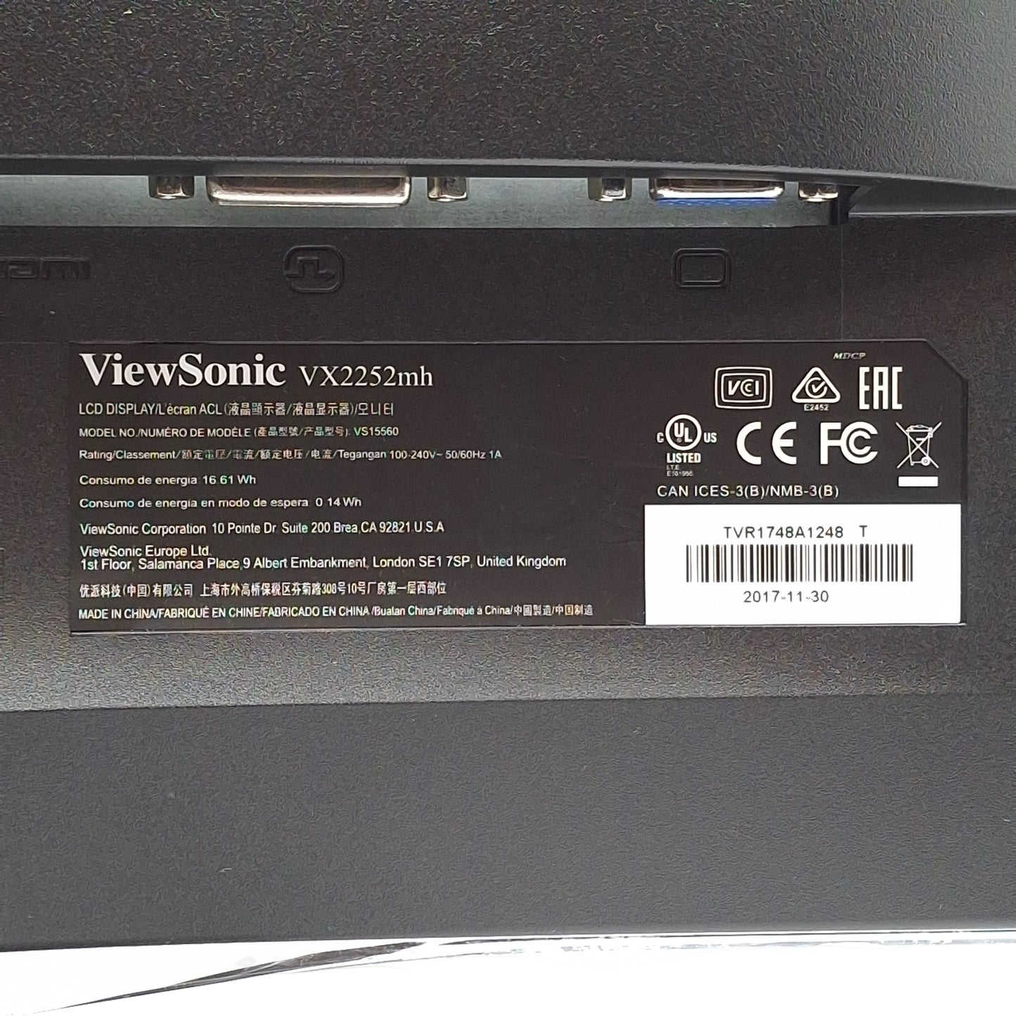 Used Viewsonic VX225MH High Definition Monitor 22in 1080p, HDMI/VGA/DVI-D, 100-240VAC