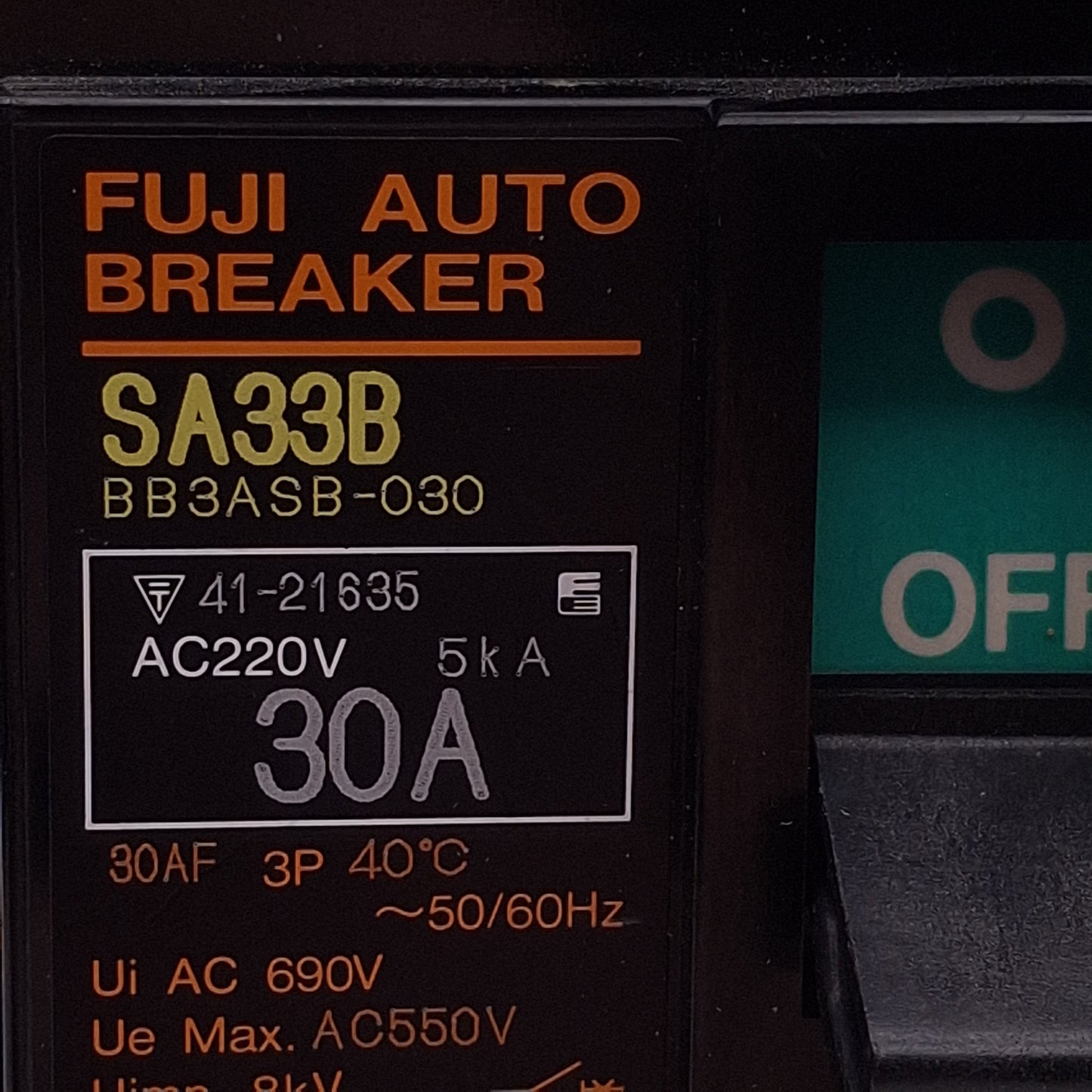 Used Fuji Electric SA33B BB3ASB-030 Auto Circuit Breaker, 3-Pole, 30A 220VAC