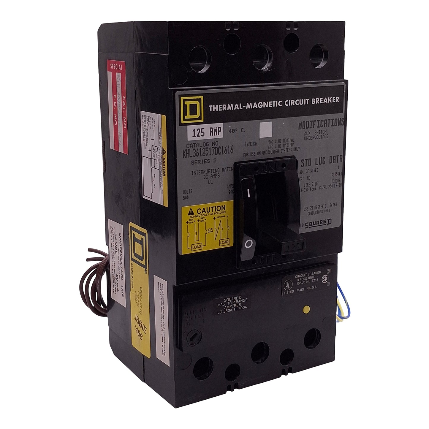 Used Square D KHL3612517DC1616 Thermal-Magnetic Circuit Breaker, 3-Pole 125A 500VDC