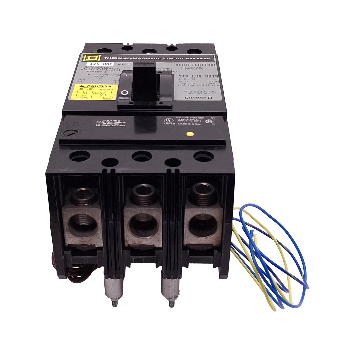 Used Square D KHL3612517DC1616 Thermal-Magnetic Circuit Breaker, 3-Pole 125A 500VDC