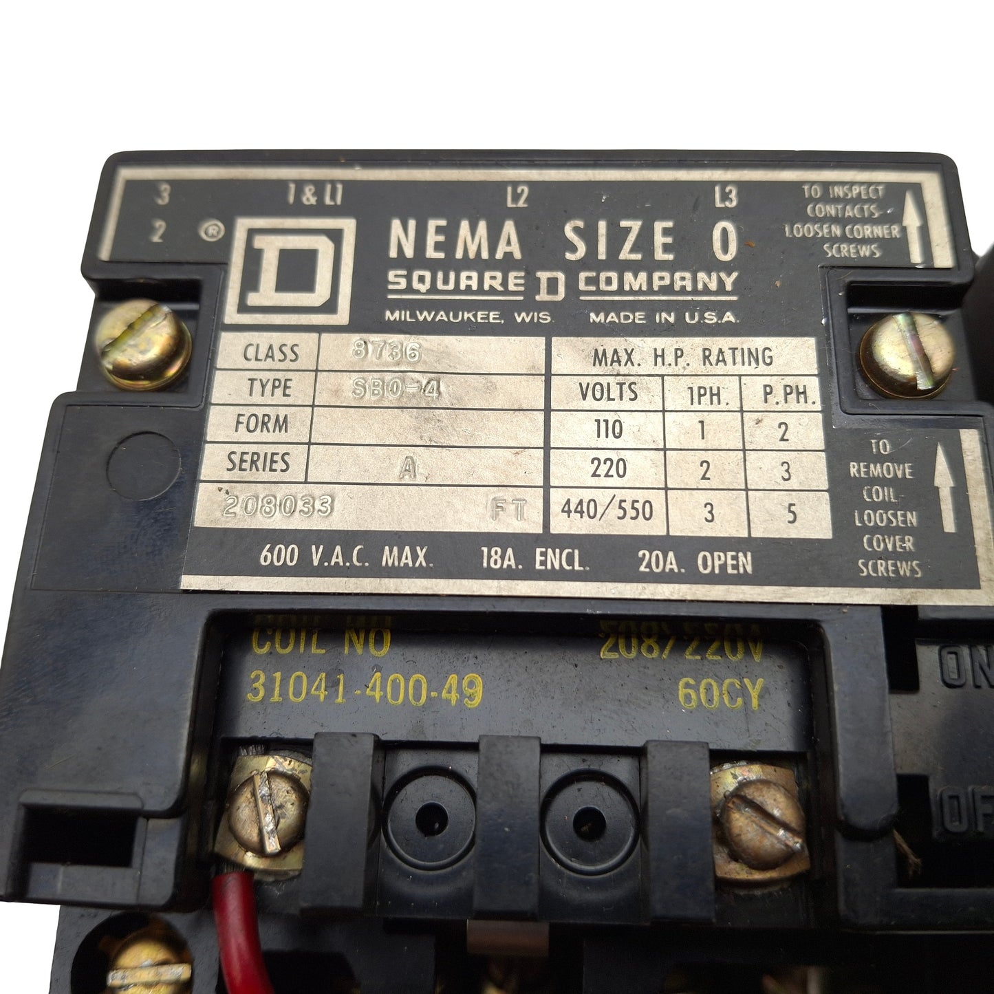 Used Square D 8736SBO-4 Reversing Motor Starter 3-Pole, 220VAC Coil, NEMA Size 0