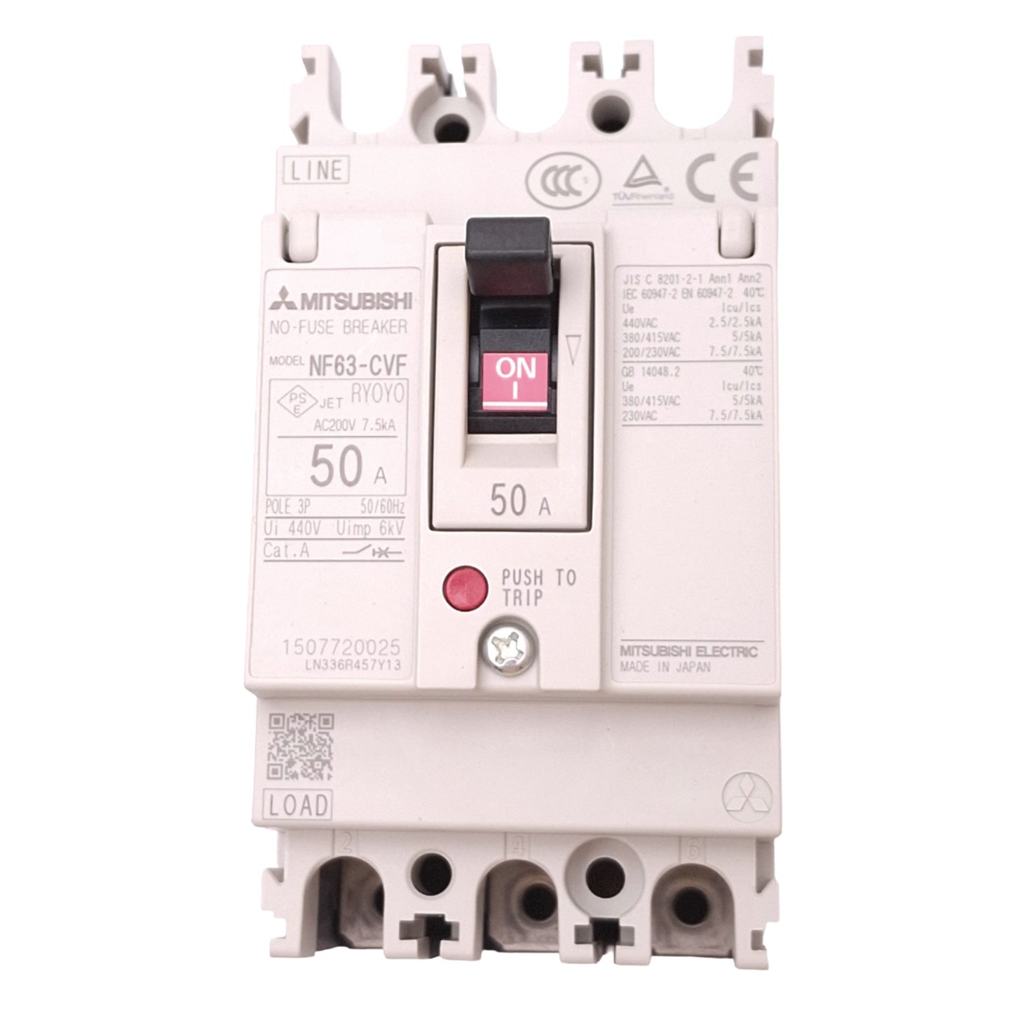 New Mitsubishi NF63-CVF3P50A No-Fuse Circuit Breaker, 3-Pole, 50A, 440VAC Max
