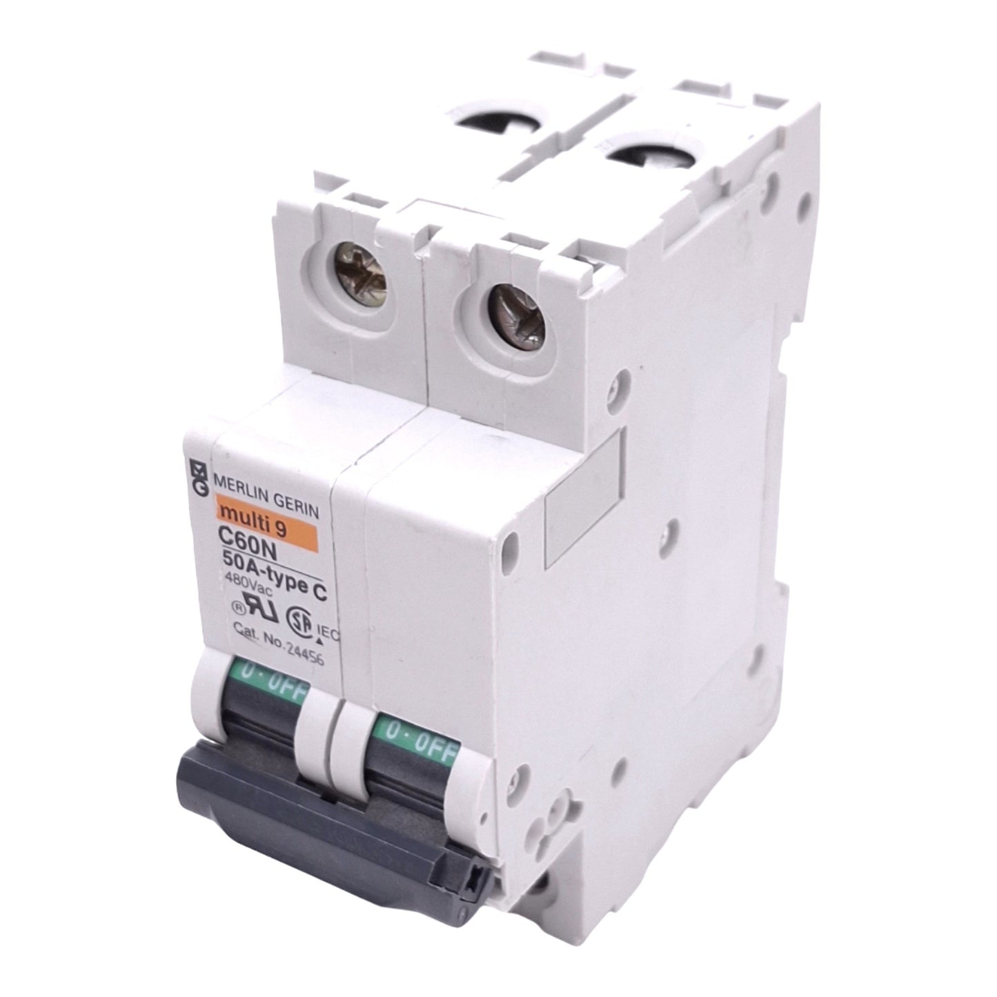 Used Merlin Gerin 24456 C60N-2P-50A-C Circuit Breaker, 2-Pole, 50A, C-Curve, DIN Rail