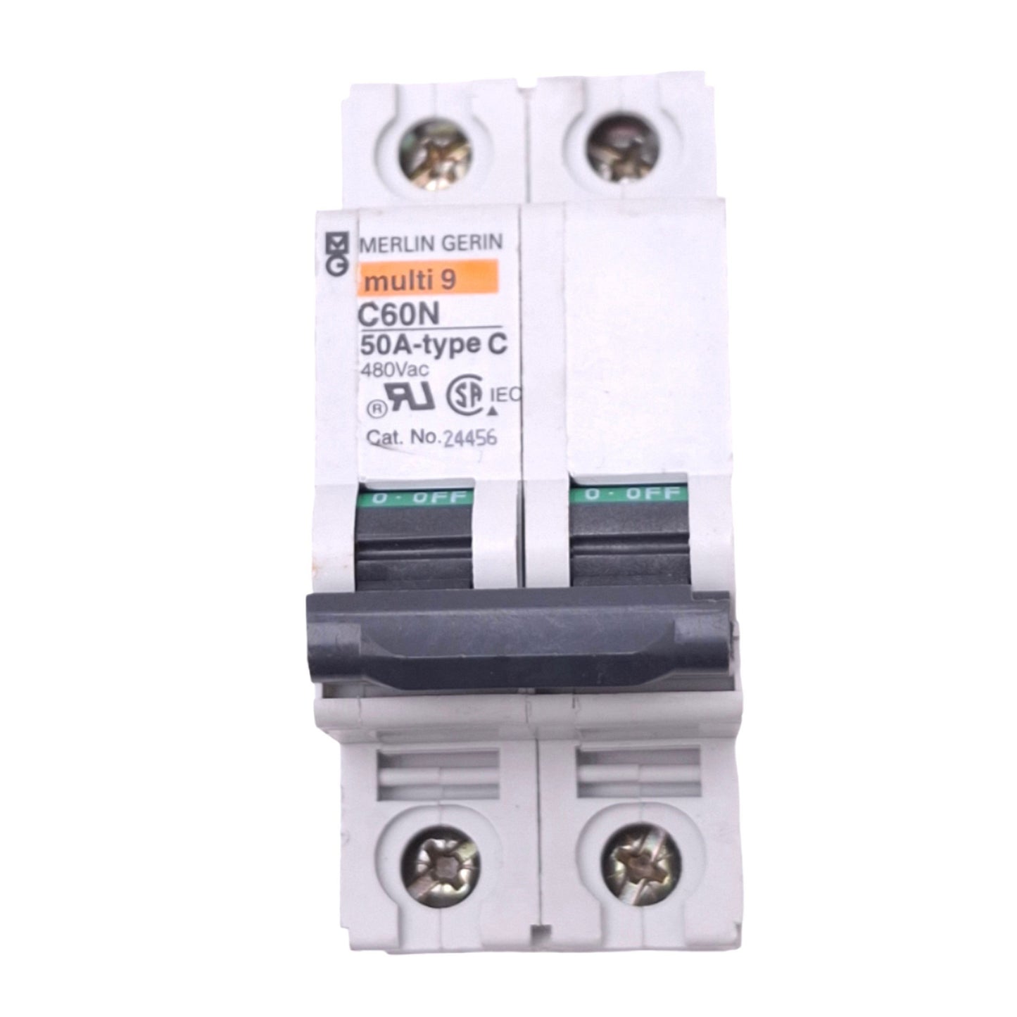 Used Merlin Gerin 24456 C60N-2P-50A-C Circuit Breaker, 2-Pole, 50A, C-Curve, DIN Rail