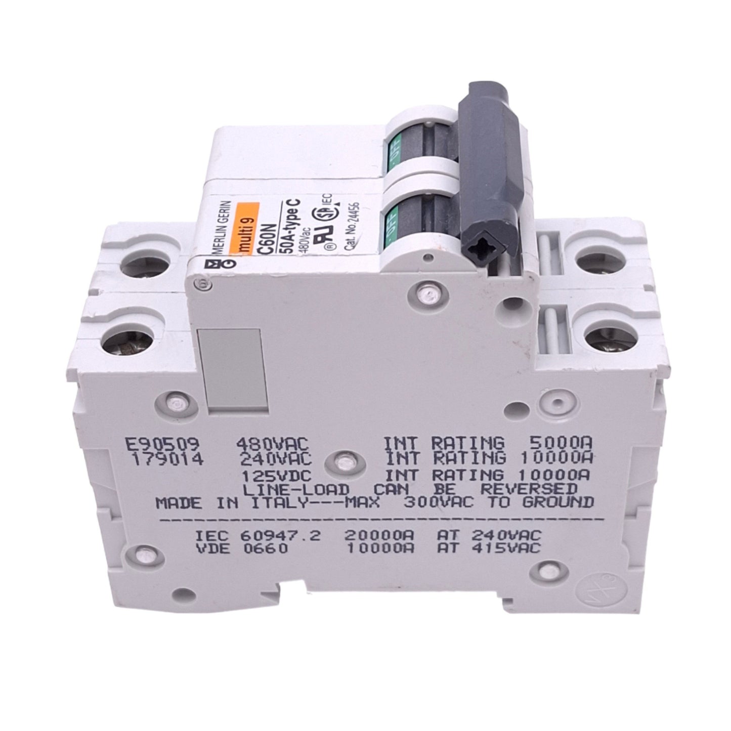 Used Merlin Gerin 24456 C60N-2P-50A-C Circuit Breaker, 2-Pole, 50A, C-Curve, DIN Rail