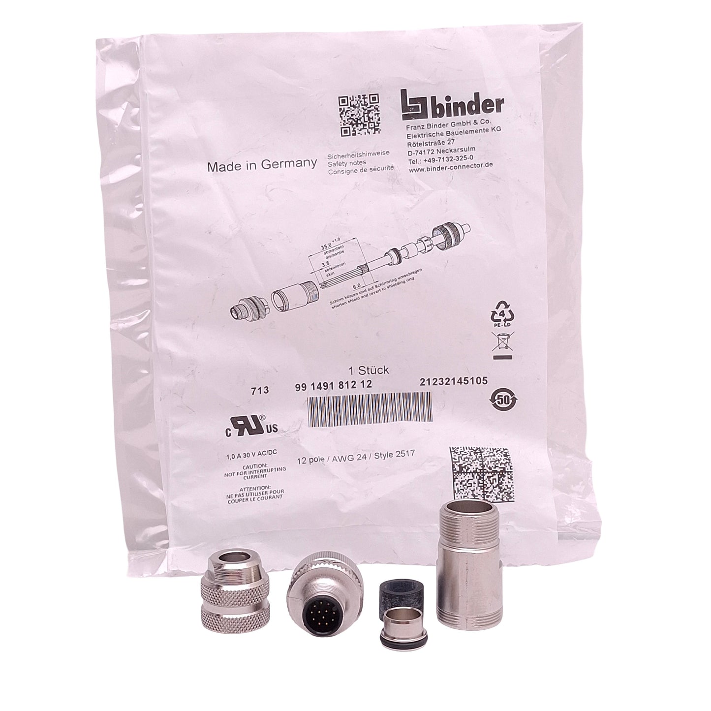 New Binder 99149181212 Connector, 12-Pin M12 Male, 30VAC/DC 1.5A, ø6-8mm Range