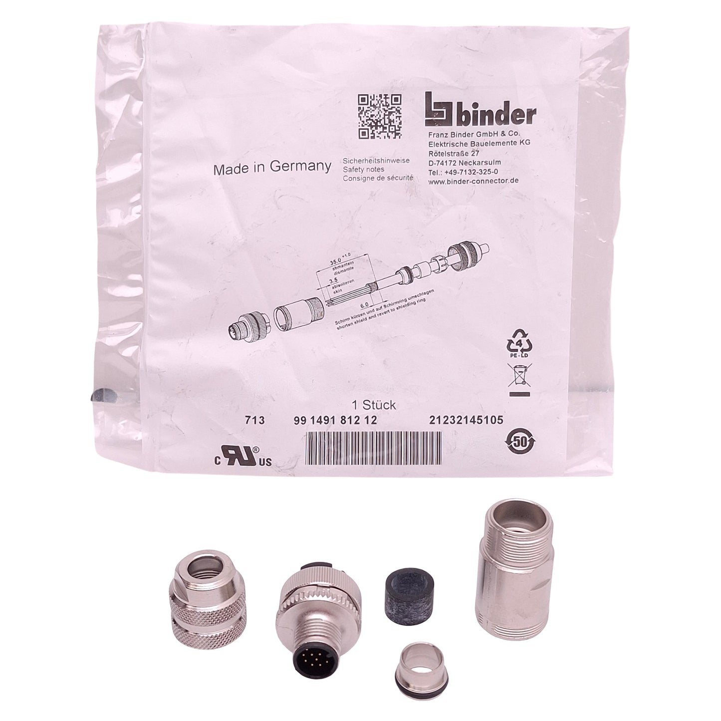 New Binder 99149181212 Connector, 12-Pin M12 Male, 30VAC/DC 1.5A, ø6-8mm Range