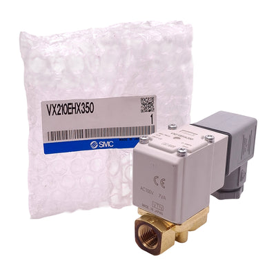 New SMC VX210EHX350 Solenoid Valve, 2-Way, N.C., 1/4in NPT, 0.6MPa Max, 100VAC Coil